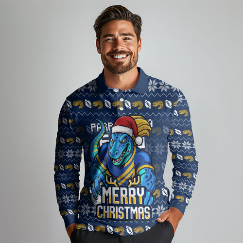Personalized Parramatta Eels Christmas Long Sleeve Polo Shirt Australian Rugby Fans - Pixelated Ugly Xmas Pattern Mascot Santa