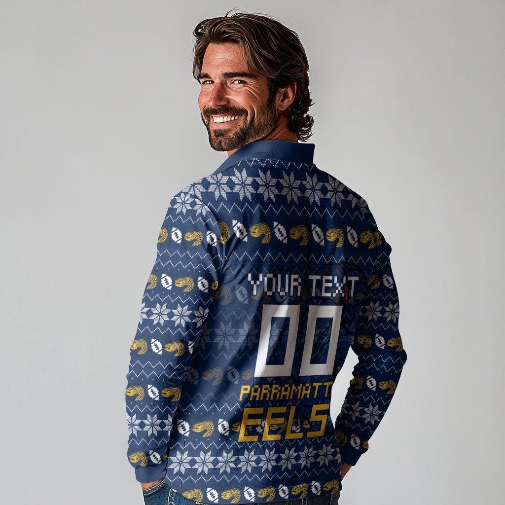 Personalized Parramatta Eels Christmas Long Sleeve Polo Shirt Australian Rugby Fans - Pixelated Ugly Xmas Pattern Mascot Santa