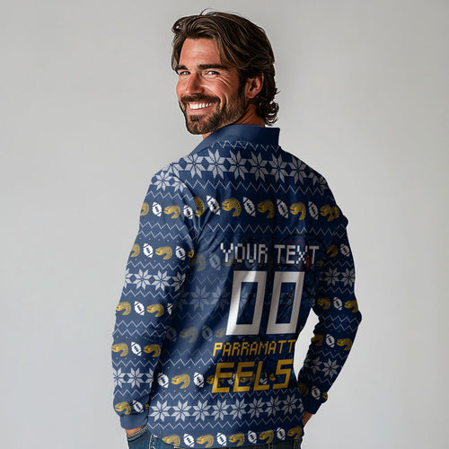 Personalized Parramatta Eels Christmas Long Sleeve Polo Shirt Australian Rugby Fans - Pixelated Ugly Xmas Pattern Mascot Santa