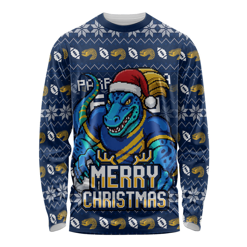 Personalized Parramatta Eels Christmas Long Sleeve Shirt Australian Rugby Fans - Pixelated Ugly Xmas Pattern Mascot Santa