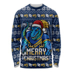 Personalized Parramatta Eels Christmas Long Sleeve Shirt Australian Rugby Fans - Pixelated Ugly Xmas Pattern Mascot Santa