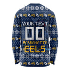 Personalized Parramatta Eels Christmas Long Sleeve Shirt Australian Rugby Fans - Pixelated Ugly Xmas Pattern Mascot Santa