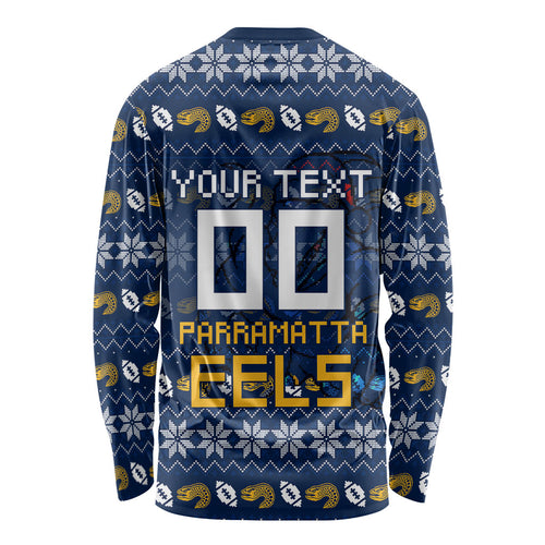 Personalized Parramatta Eels Christmas Long Sleeve Shirt Australian Rugby Fans - Pixelated Ugly Xmas Pattern Mascot Santa
