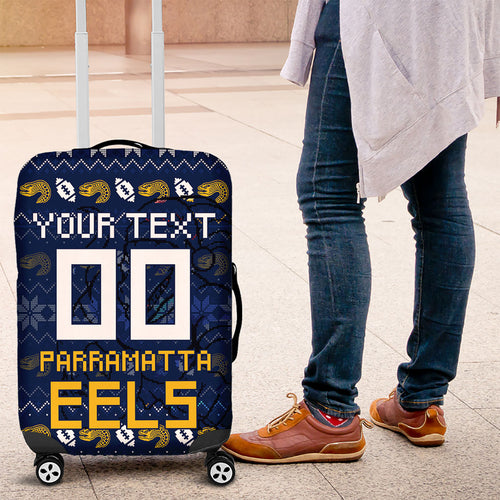 Personalized Parramatta Eels Christmas Luggage Cover Australian Rugby Fans - Pixelated Ugly Xmas Pattern Mascot Santa