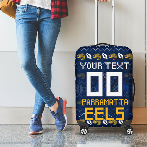 Personalized Parramatta Eels Christmas Luggage Cover Australian Rugby Fans - Pixelated Ugly Xmas Pattern Mascot Santa