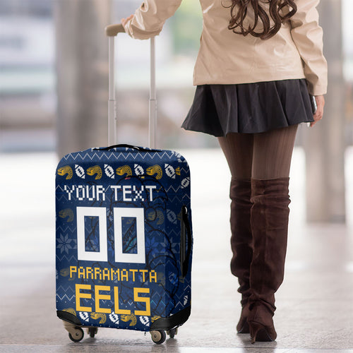 Personalized Parramatta Eels Christmas Luggage Cover Australian Rugby Fans - Pixelated Ugly Xmas Pattern Mascot Santa