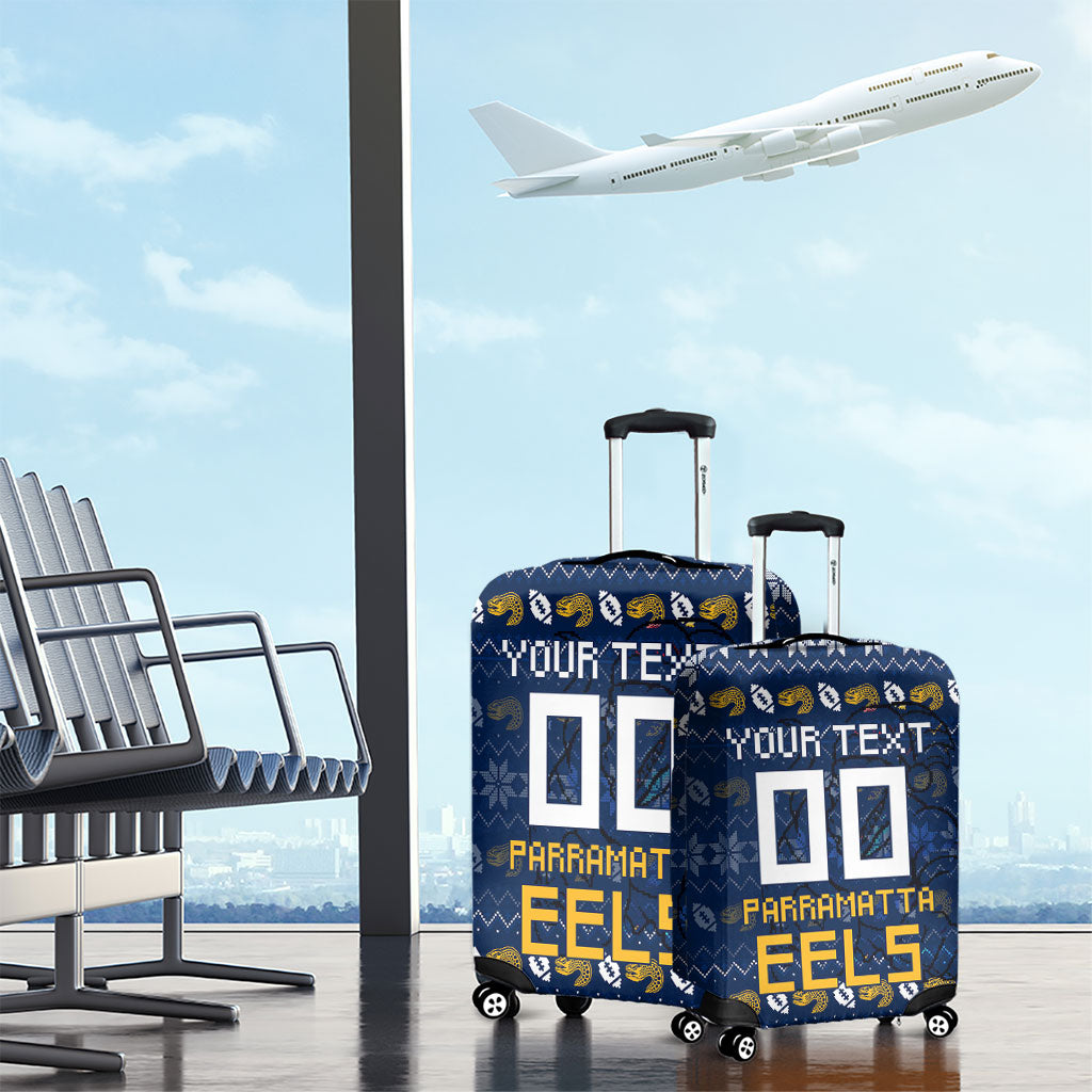 Personalized Parramatta Eels Christmas Luggage Cover Australian Rugby Fans - Pixelated Ugly Xmas Pattern Mascot Santa