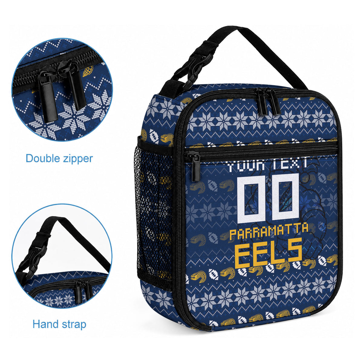 Personalized Parramatta Eels Christmas Lunch Bag Australian Rugby Fans - Pixelated Ugly Xmas Pattern Mascot Santa