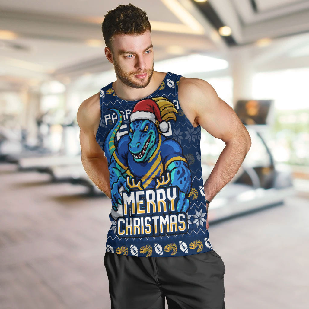 Personalized Parramatta Eels Christmas Men Tank Top Australian Rugby Fans - Pixelated Ugly Xmas Pattern Mascot Santa