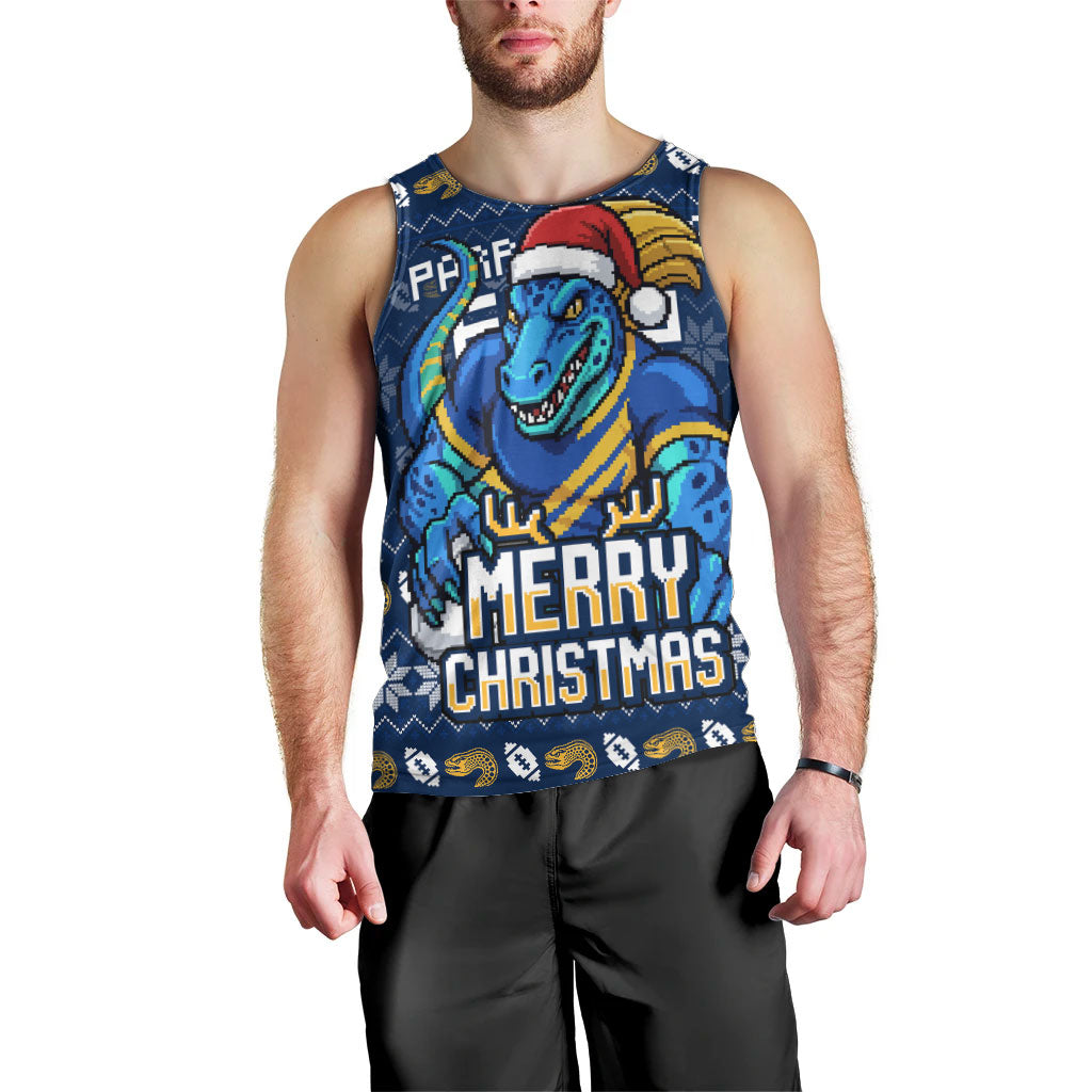 Personalized Parramatta Eels Christmas Men Tank Top Australian Rugby Fans - Pixelated Ugly Xmas Pattern Mascot Santa
