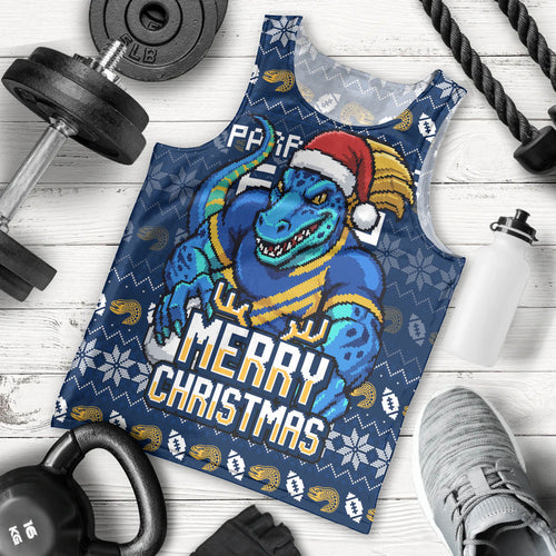 Personalized Parramatta Eels Christmas Men Tank Top Australian Rugby Fans - Pixelated Ugly Xmas Pattern Mascot Santa