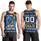 Personalized Parramatta Eels Christmas Men Tank Top Australian Rugby Fans - Pixelated Ugly Xmas Pattern Mascot Santa