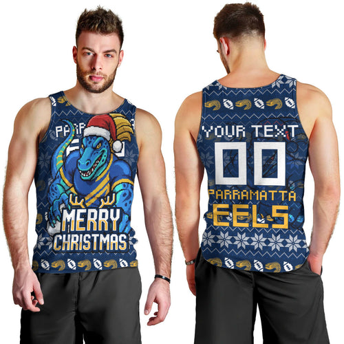 Personalized Parramatta Eels Christmas Men Tank Top Australian Rugby Fans - Pixelated Ugly Xmas Pattern Mascot Santa