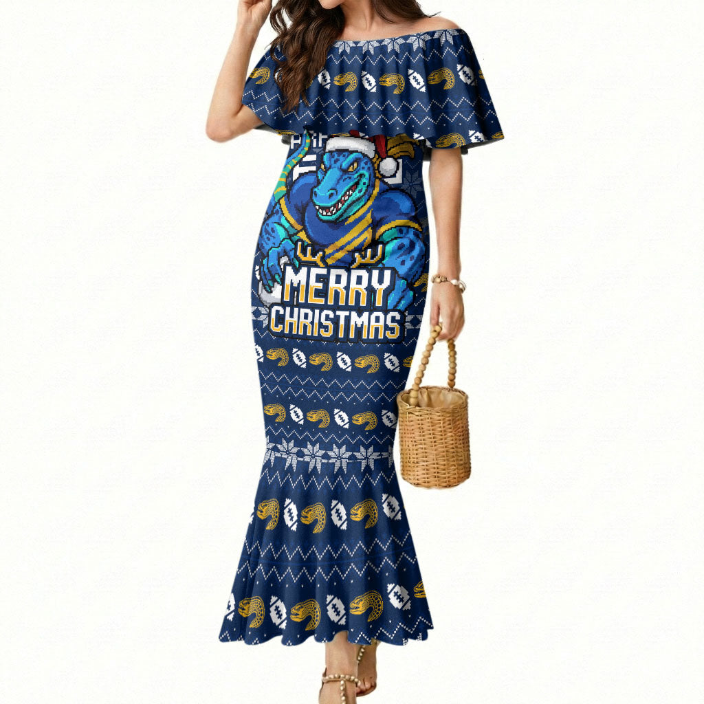 Personalized Parramatta Eels Christmas Mermaid Dress Australian Rugby Fans - Pixelated Ugly Xmas Pattern Mascot Santa