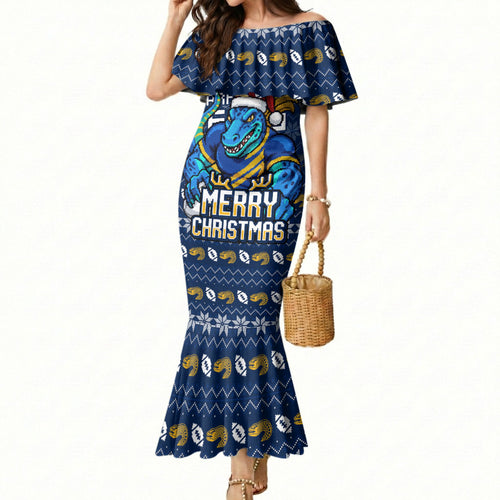 Personalized Parramatta Eels Christmas Mermaid Dress Australian Rugby Fans - Pixelated Ugly Xmas Pattern Mascot Santa