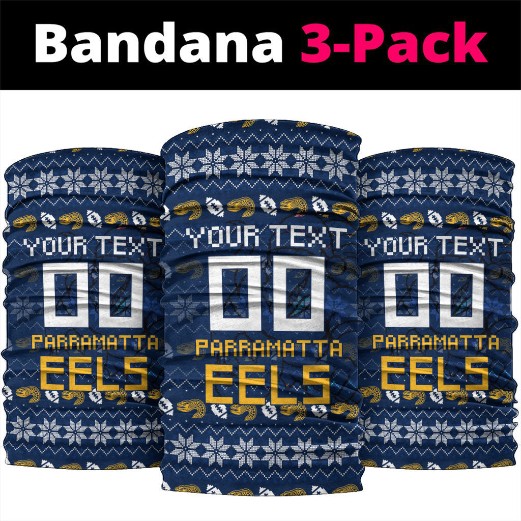 Personalized Parramatta Eels Christmas Neck Gaiter Australian Rugby Fans - Pixelated Ugly Xmas Pattern Mascot Santa