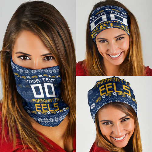 Personalized Parramatta Eels Christmas Neck Gaiter Australian Rugby Fans - Pixelated Ugly Xmas Pattern Mascot Santa
