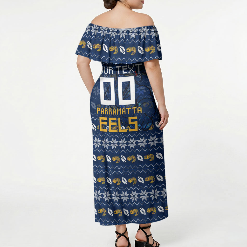 Personalized Parramatta Eels Christmas Off Shoulder Maxi Dress Australian Rugby Fans - Pixelated Ugly Xmas Pattern Mascot Santa