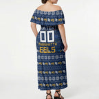Personalized Parramatta Eels Christmas Off Shoulder Maxi Dress Australian Rugby Fans - Pixelated Ugly Xmas Pattern Mascot Santa