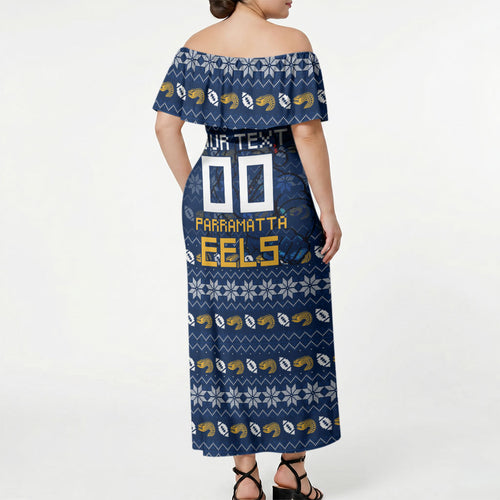 Personalized Parramatta Eels Christmas Off Shoulder Maxi Dress Australian Rugby Fans - Pixelated Ugly Xmas Pattern Mascot Santa