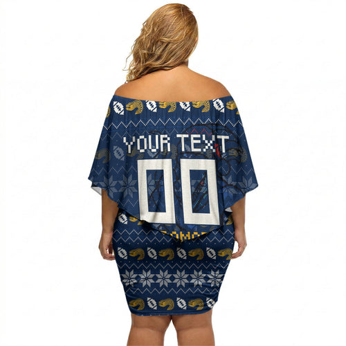 Personalized Parramatta Eels Christmas Off Shoulder Short Dress Australian Rugby Fans - Pixelated Ugly Xmas Pattern Mascot Santa