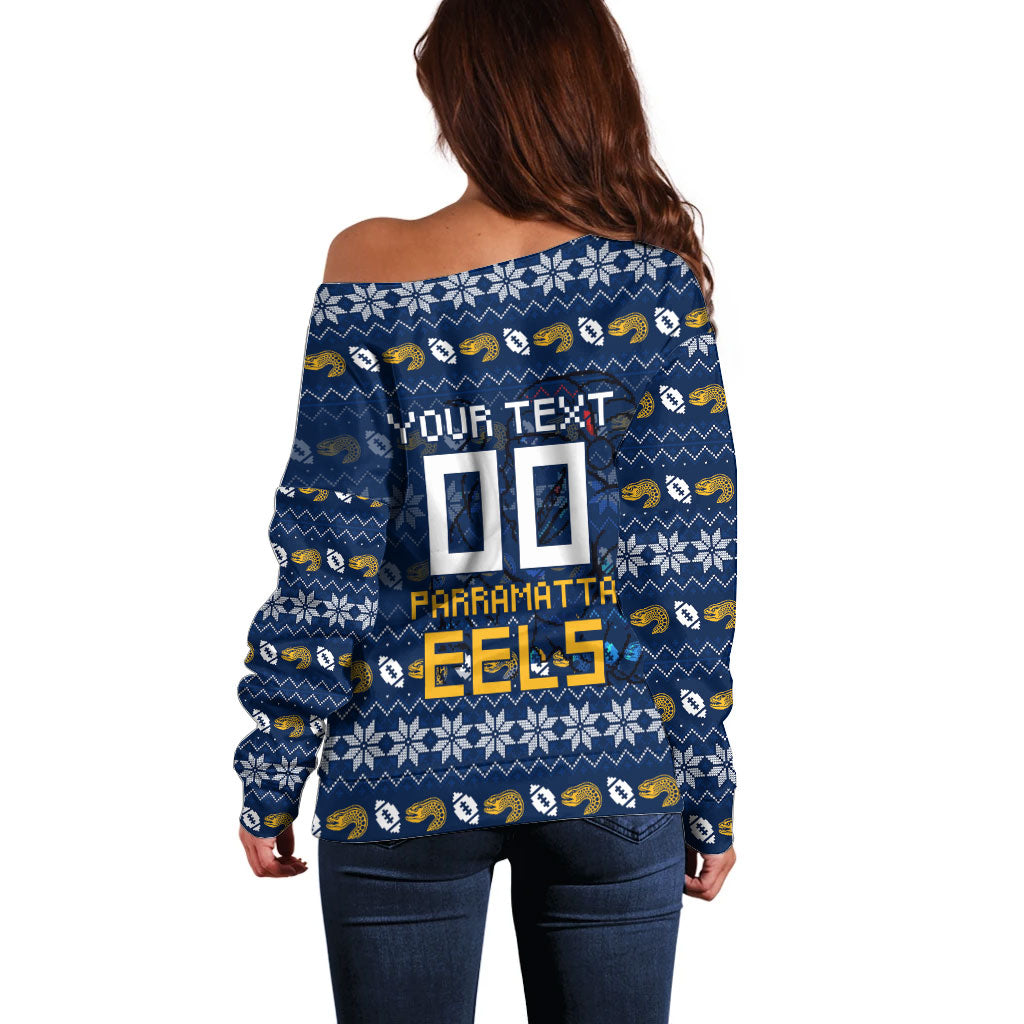 Personalized Parramatta Eels Christmas Off Shoulder Sweater Australian Rugby Fans - Pixelated Ugly Xmas Pattern Mascot Santa