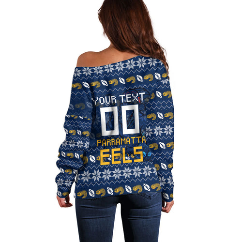 Personalized Parramatta Eels Christmas Off Shoulder Sweater Australian Rugby Fans - Pixelated Ugly Xmas Pattern Mascot Santa