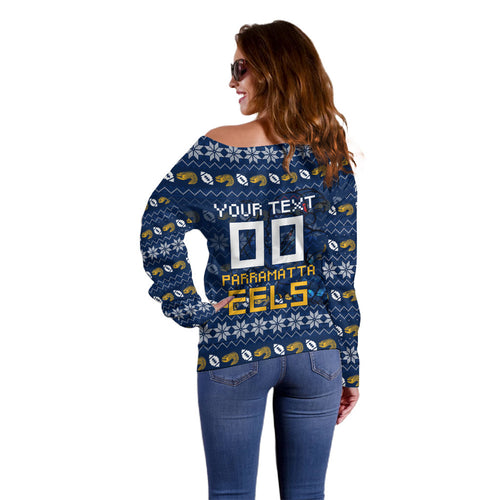 Personalized Parramatta Eels Christmas Off Shoulder Sweater Australian Rugby Fans - Pixelated Ugly Xmas Pattern Mascot Santa