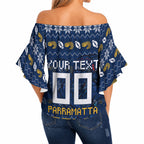 Personalized Parramatta Eels Christmas Off Shoulder Wrap Waist Top Australian Rugby Fans - Pixelated Ugly Xmas Pattern Mascot Santa