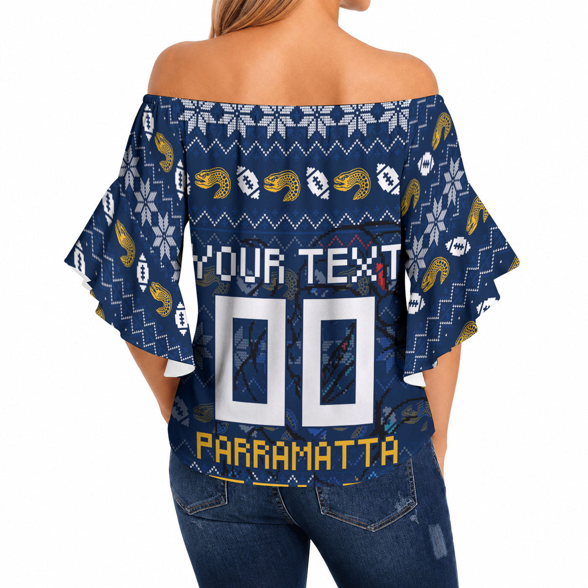 Personalized Parramatta Eels Christmas Off Shoulder Wrap Waist Top Australian Rugby Fans - Pixelated Ugly Xmas Pattern Mascot Santa