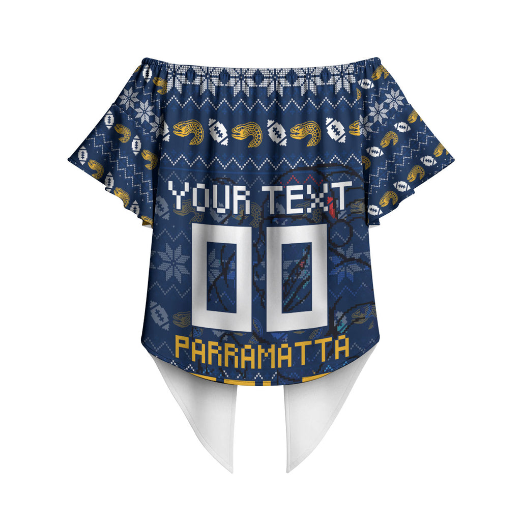 Personalized Parramatta Eels Christmas Off Shoulder Wrap Waist Top Australian Rugby Fans - Pixelated Ugly Xmas Pattern Mascot Santa