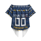 Personalized Parramatta Eels Christmas Off Shoulder Wrap Waist Top Australian Rugby Fans - Pixelated Ugly Xmas Pattern Mascot Santa