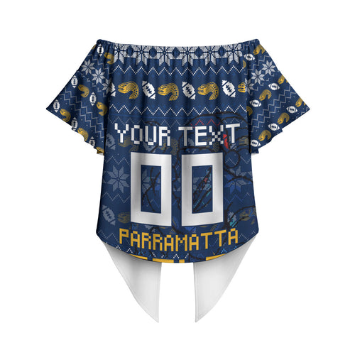 Personalized Parramatta Eels Christmas Off Shoulder Wrap Waist Top Australian Rugby Fans - Pixelated Ugly Xmas Pattern Mascot Santa
