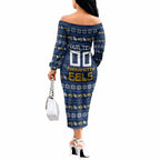 Personalized Parramatta Eels Christmas Off The Shoulder Long Sleeve Dress Australian Rugby Fans - Pixelated Ugly Xmas Pattern Mascot Santa