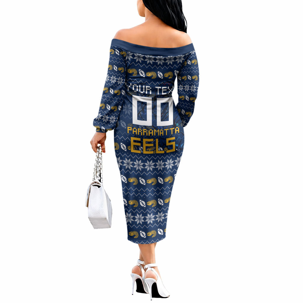 Personalized Parramatta Eels Christmas Off The Shoulder Long Sleeve Dress Australian Rugby Fans - Pixelated Ugly Xmas Pattern Mascot Santa