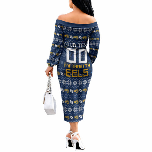 Personalized Parramatta Eels Christmas Off The Shoulder Long Sleeve Dress Australian Rugby Fans - Pixelated Ugly Xmas Pattern Mascot Santa