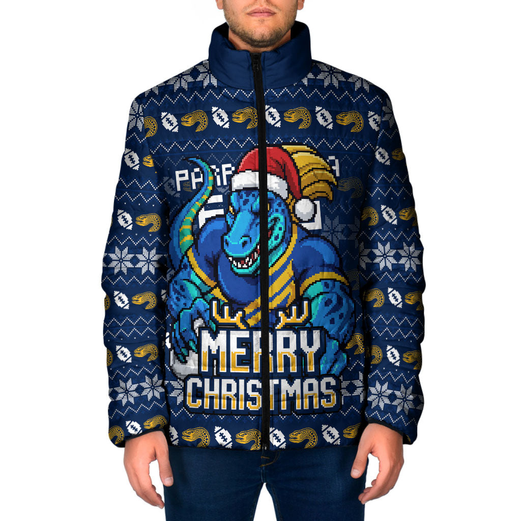 Personalized Parramatta Eels Christmas Padded Jacket Australian Rugby Fans - Pixelated Ugly Xmas Pattern Mascot Santa