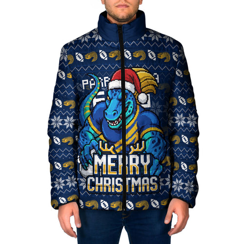 Personalized Parramatta Eels Christmas Padded Jacket Australian Rugby Fans - Pixelated Ugly Xmas Pattern Mascot Santa