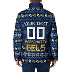 Personalized Parramatta Eels Christmas Padded Jacket Australian Rugby Fans - Pixelated Ugly Xmas Pattern Mascot Santa
