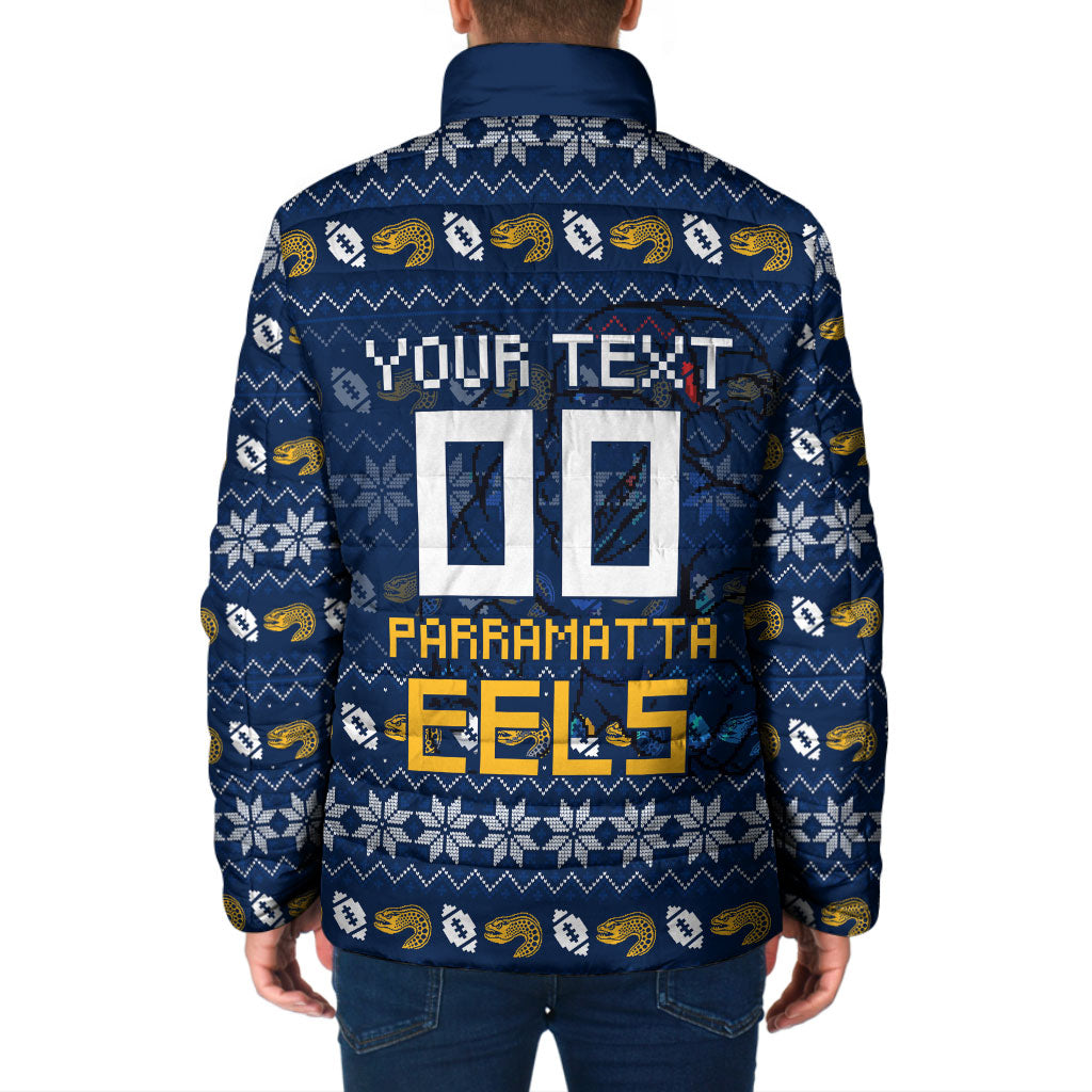 Personalized Parramatta Eels Christmas Padded Jacket Australian Rugby Fans - Pixelated Ugly Xmas Pattern Mascot Santa