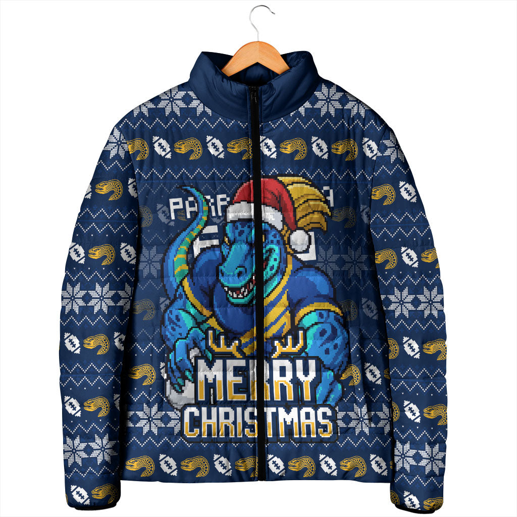 Personalized Parramatta Eels Christmas Padded Jacket Australian Rugby Fans - Pixelated Ugly Xmas Pattern Mascot Santa