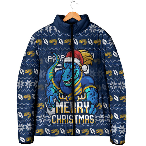 Personalized Parramatta Eels Christmas Padded Jacket Australian Rugby Fans - Pixelated Ugly Xmas Pattern Mascot Santa