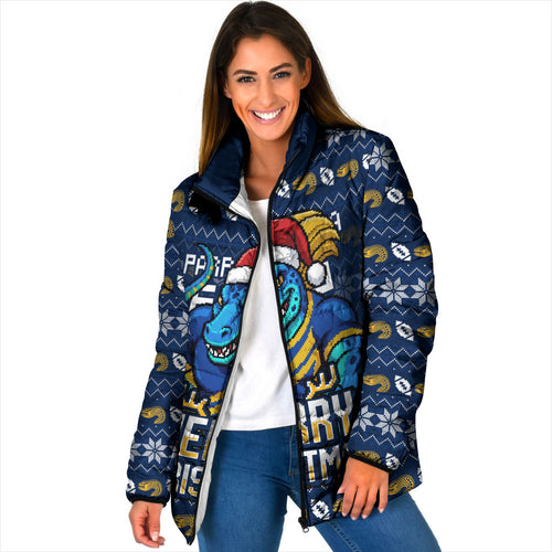 Personalized Parramatta Eels Christmas Padded Jacket Australian Rugby Fans - Pixelated Ugly Xmas Pattern Mascot Santa