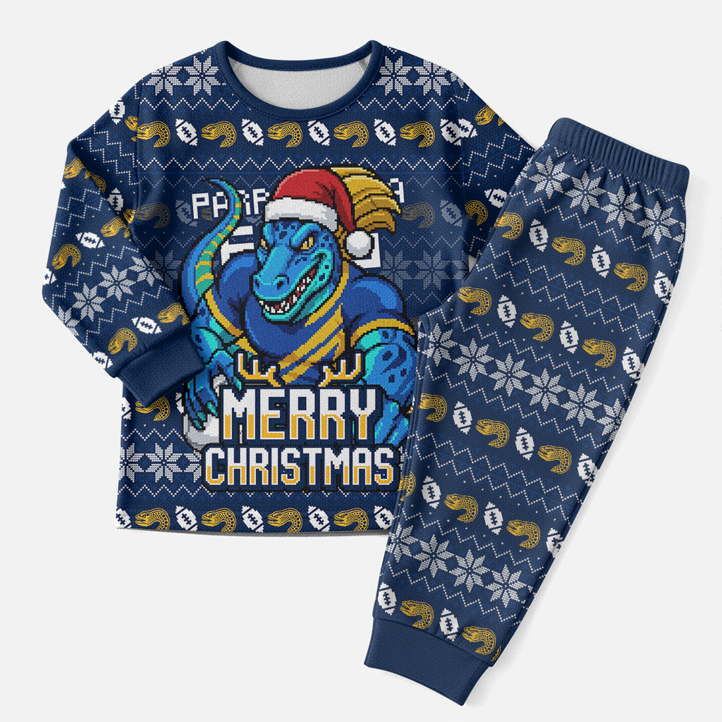 Personalized Parramatta Eels Christmas Pajama Set Australian Rugby Fans - Pixelated Ugly Xmas Pattern Mascot Santa