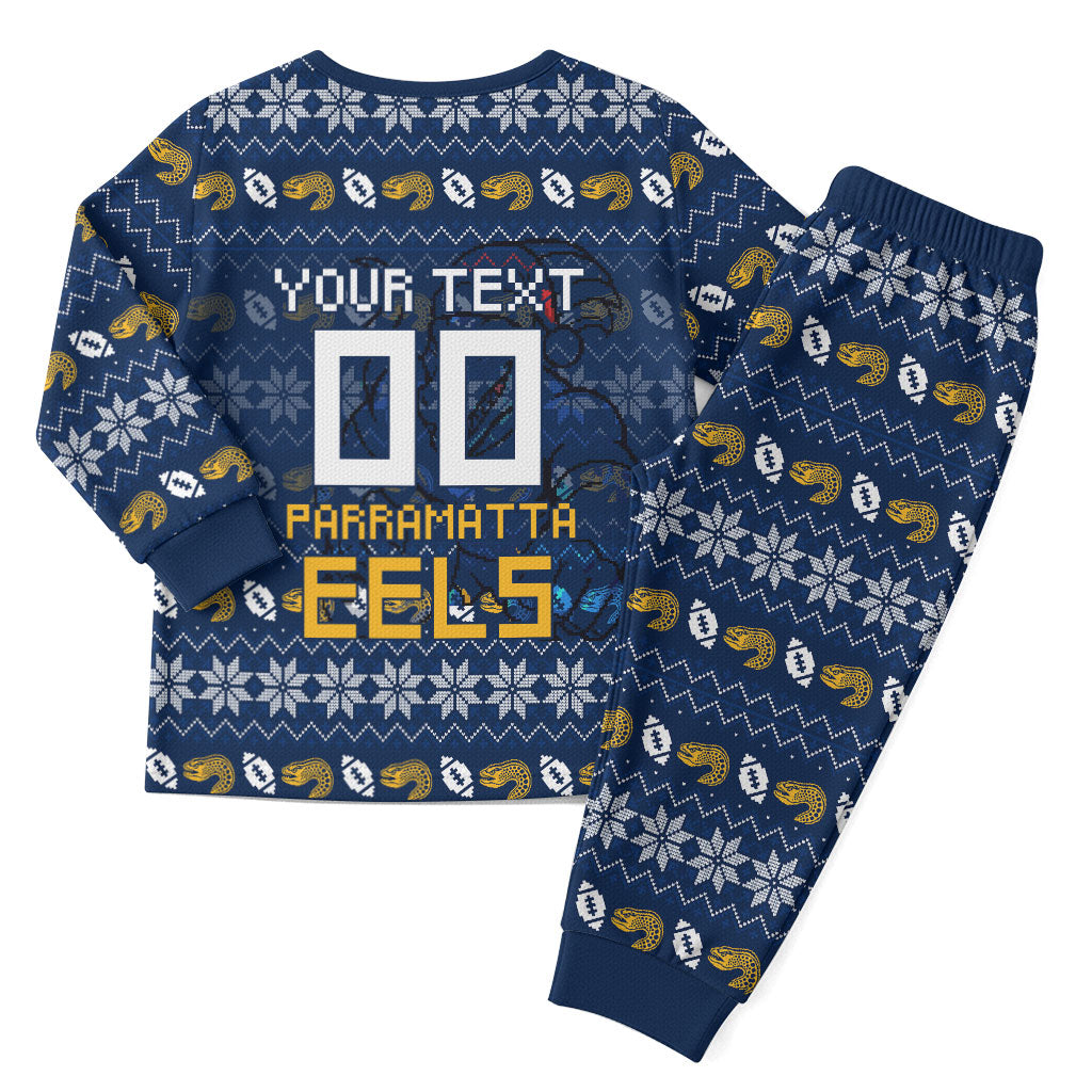 Personalized Parramatta Eels Christmas Pajama Set Australian Rugby Fans - Pixelated Ugly Xmas Pattern Mascot Santa