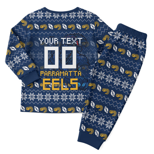 Personalized Parramatta Eels Christmas Pajama Set Australian Rugby Fans - Pixelated Ugly Xmas Pattern Mascot Santa