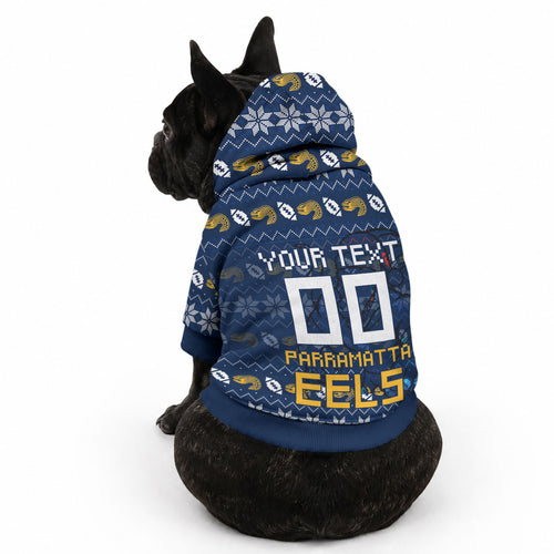 Personalized Parramatta Eels Christmas Pet Hoodie Australian Rugby Fans - Pixelated Ugly Xmas Pattern Mascot Santa
