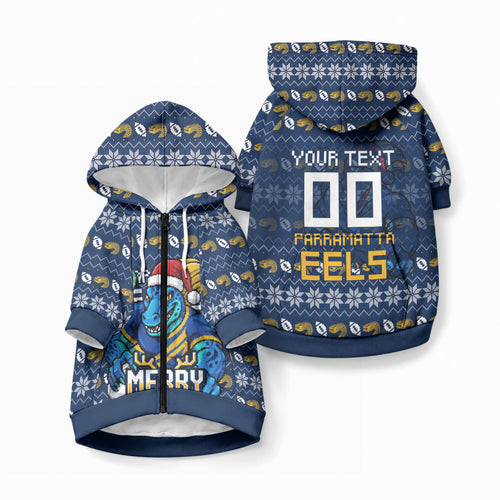 Personalized Parramatta Eels Christmas Pet Hoodie Australian Rugby Fans - Pixelated Ugly Xmas Pattern Mascot Santa