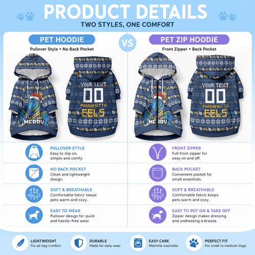 Personalized Parramatta Eels Christmas Pet Hoodie Australian Rugby Fans - Pixelated Ugly Xmas Pattern Mascot Santa