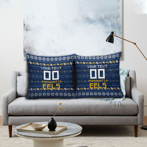 Personalized Parramatta Eels Christmas Pillow Cover Australian Rugby Fans - Pixelated Ugly Xmas Pattern Mascot Santa